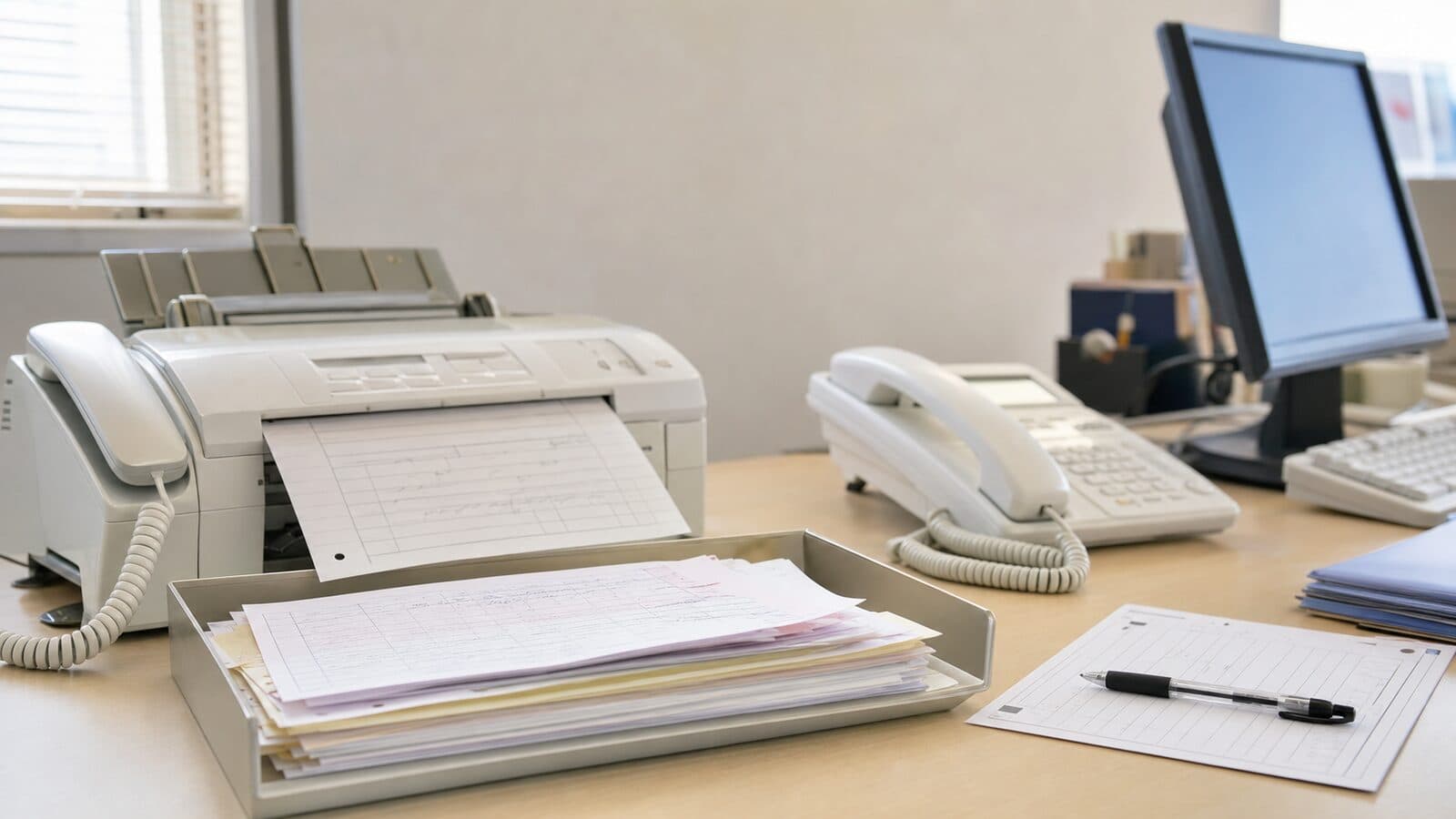 FAXから出力された注文書と、手書きの注文用紙が積まれた卸売業の受注デスク