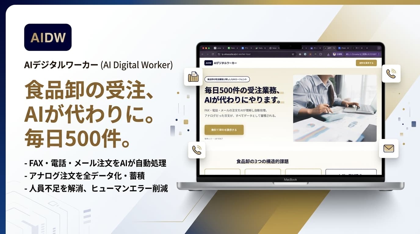 AIデジタルワーカーの処理フロー。FAX注文書の読み取りから基幹システム入力までの自動化イメージ